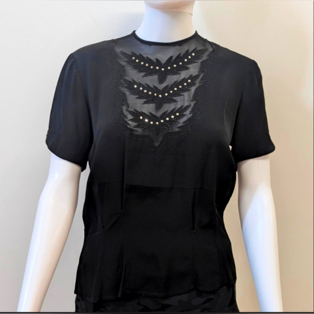 1940’s Vintage Black Formal Rayon Cropped Rhinestone Blouse with beaded front